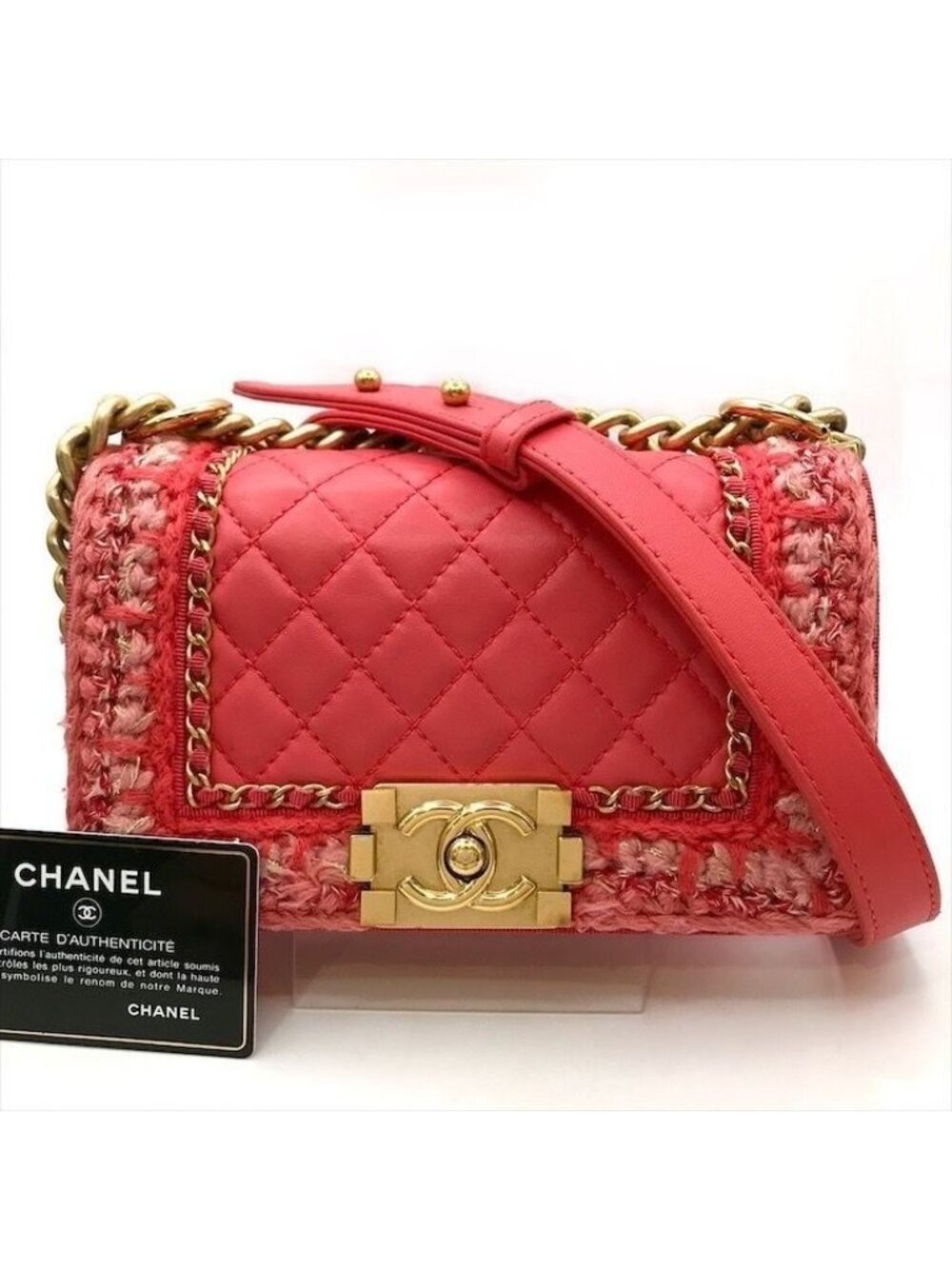 Chanel CC Logo Tweed Lambskin Chain Shoulder Bag Pink Gold